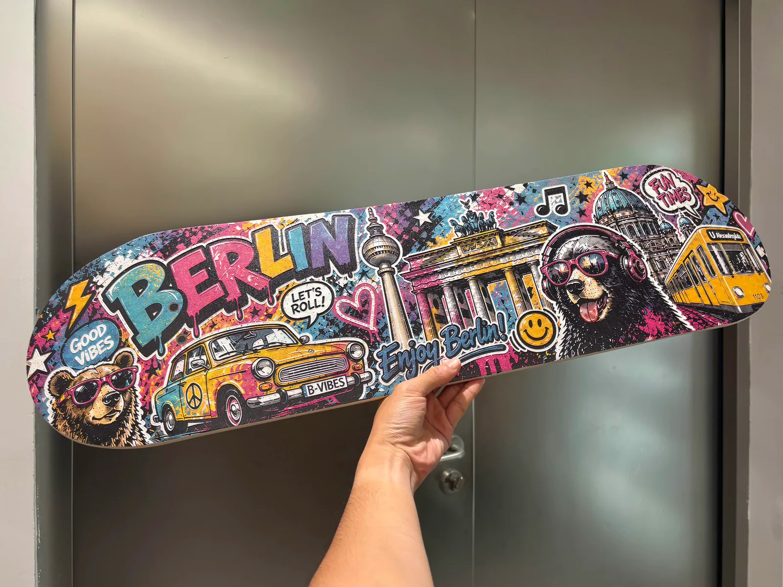 Berlin graffiti-style embossed skateboard